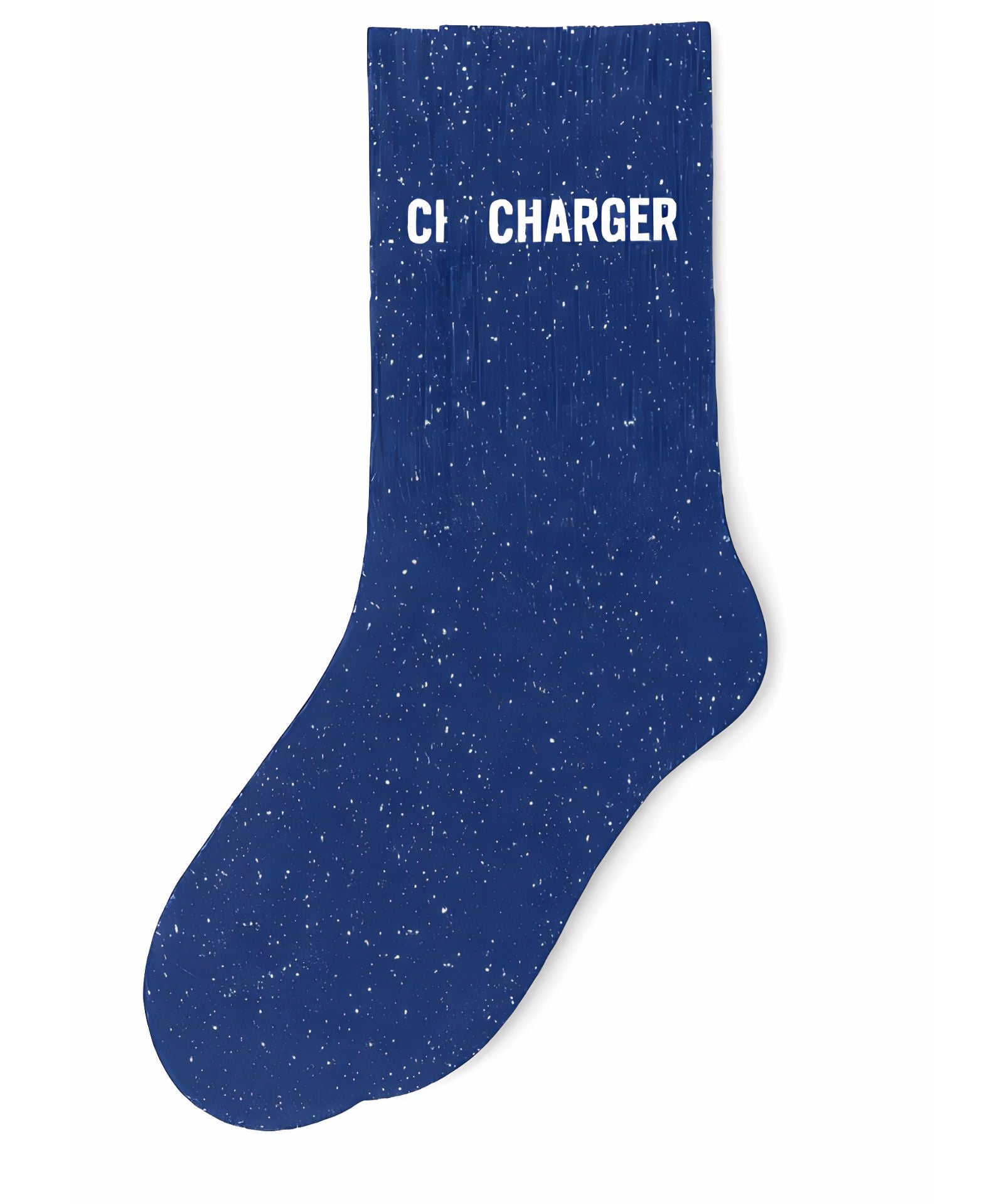 Side profile view of the blue glitter sock showing the comfortable elasticated ankle and the bold white CHARGER wording detail.