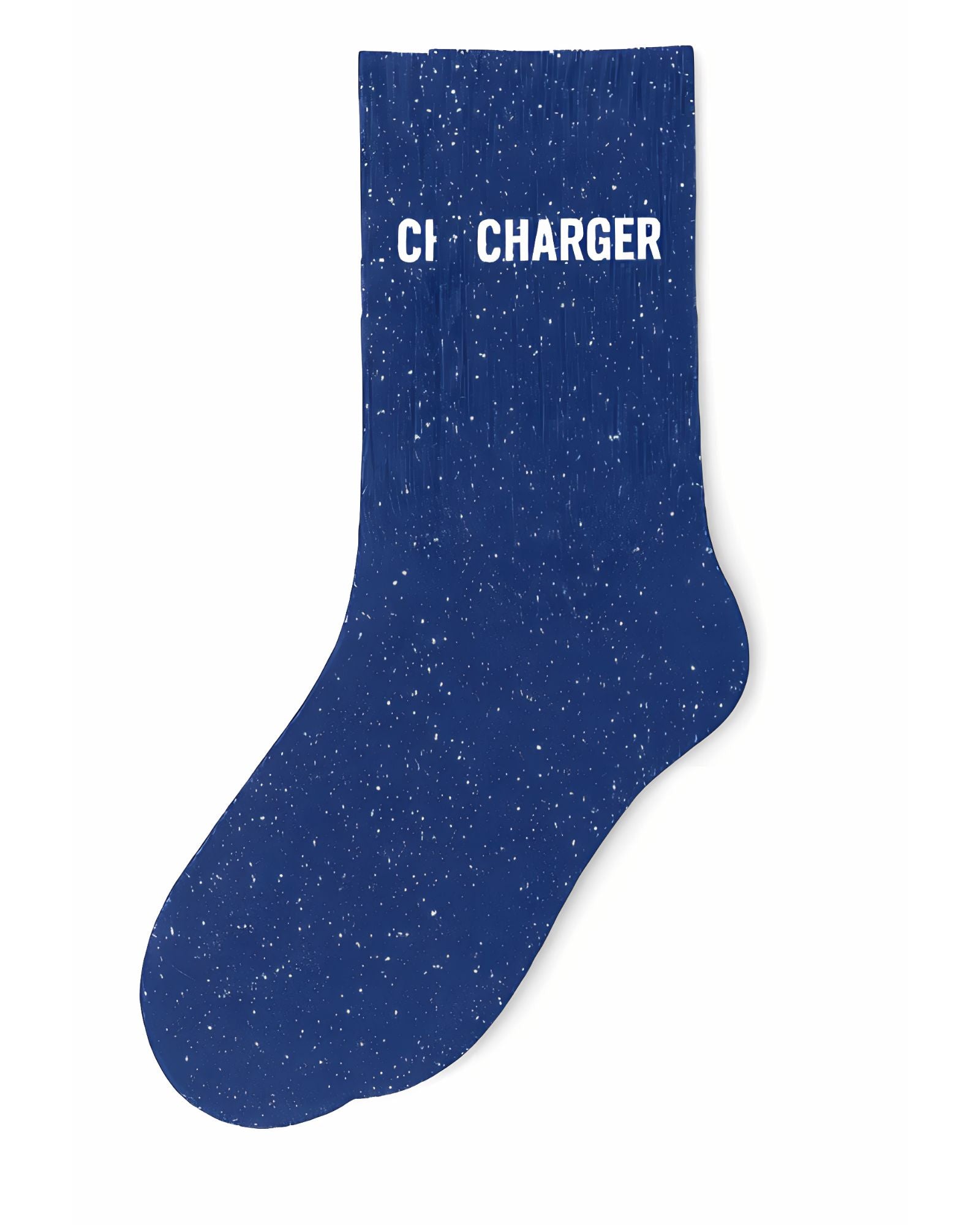 Side profile view of the blue glitter sock showing the comfortable elasticated ankle and the bold white CHARGER wording detail.