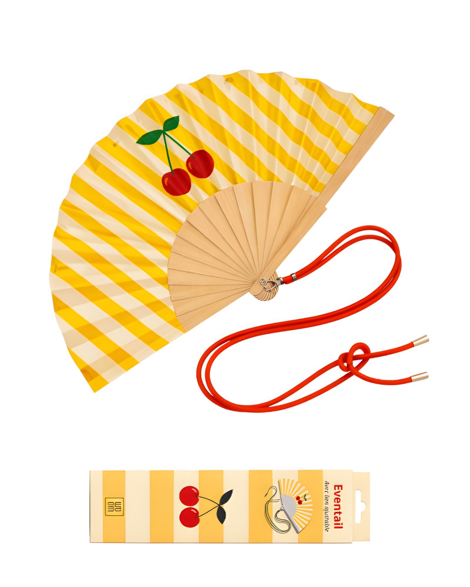 An opened summer folding fan with a yellow and white striped pattern and a bold cherry fruit print, displayed alongside its red shoulder strap and matching packaging.