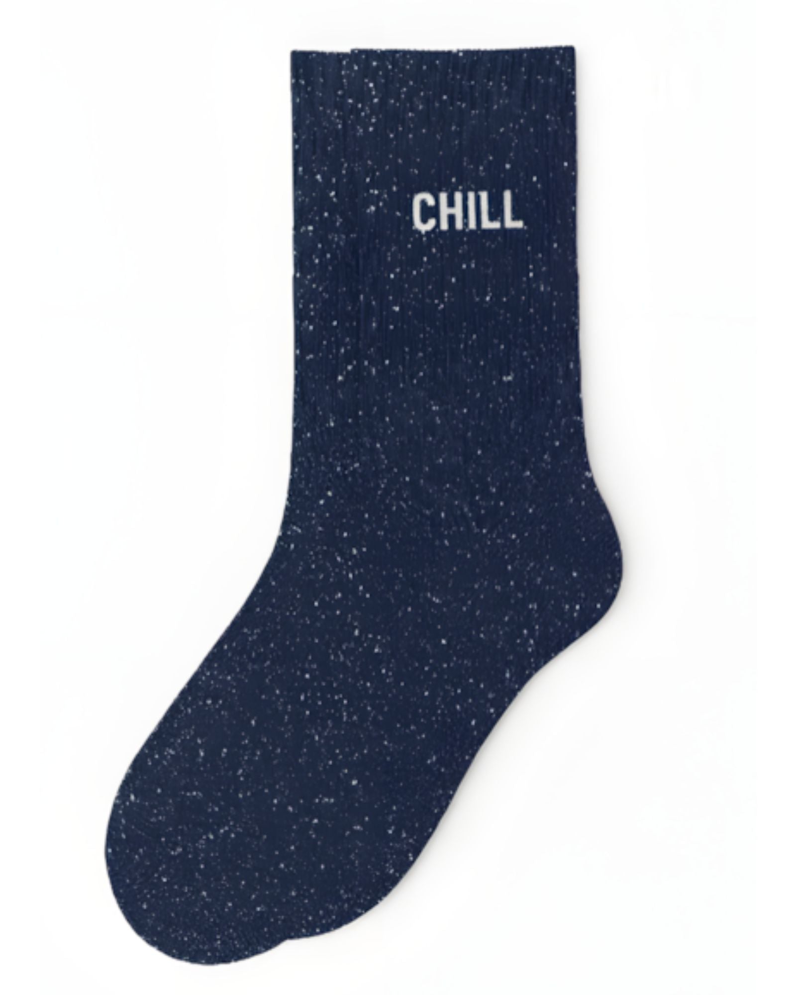 Deep navy blue glitter message socks with a white jacquard CHILL inscription at the ankle, presented in their original Woom paper packaging.