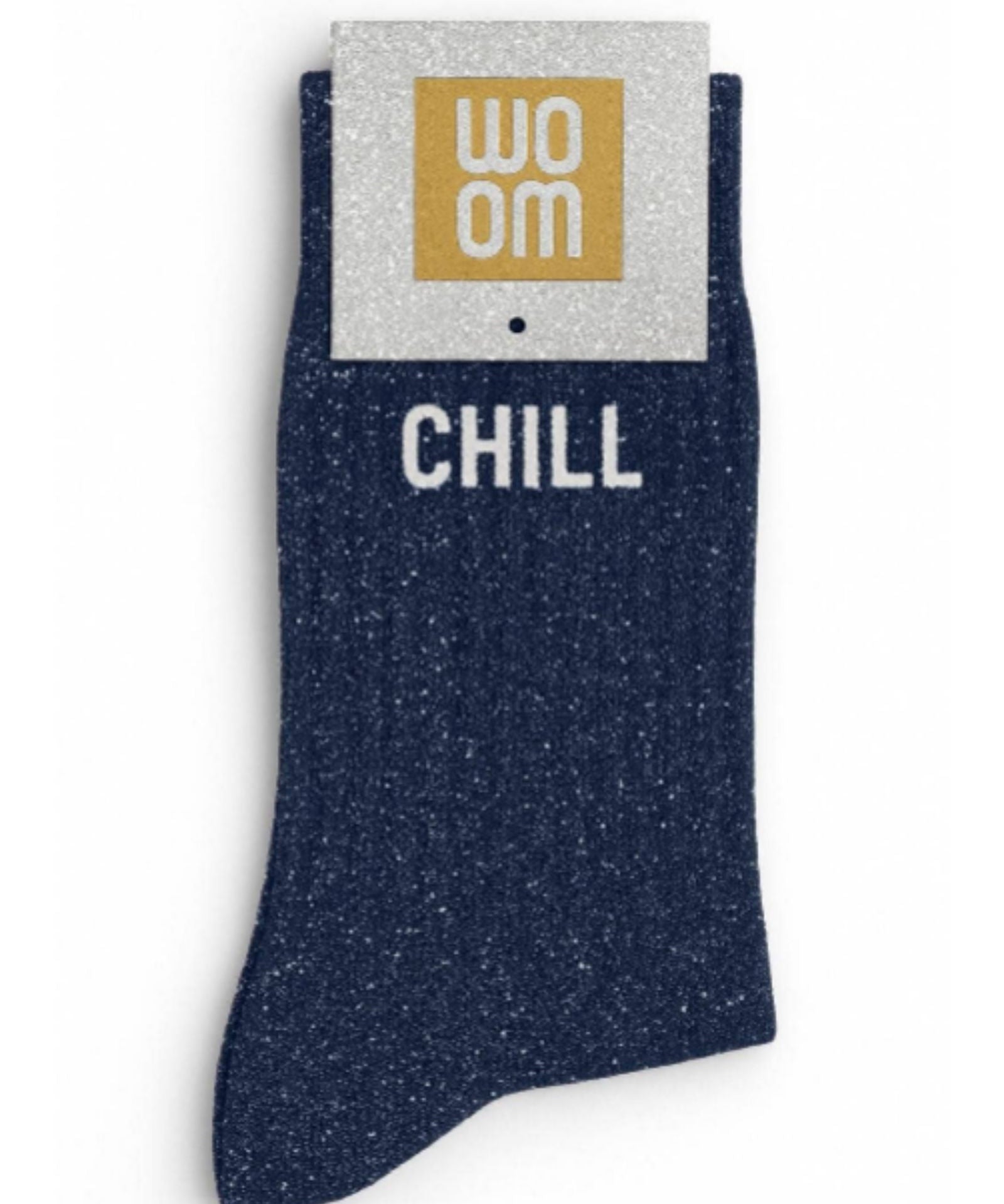 Side profile view of the navy blue glitter sock showing the comfortable elasticated ankle and the clean white CHILL wording detail.
