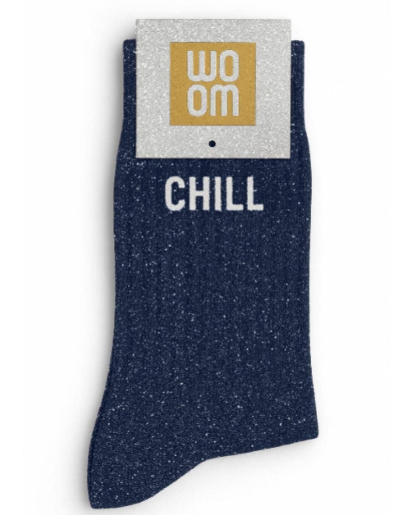 Side profile view of the navy blue glitter sock showing the comfortable elasticated ankle and the clean white CHILL wording detail.