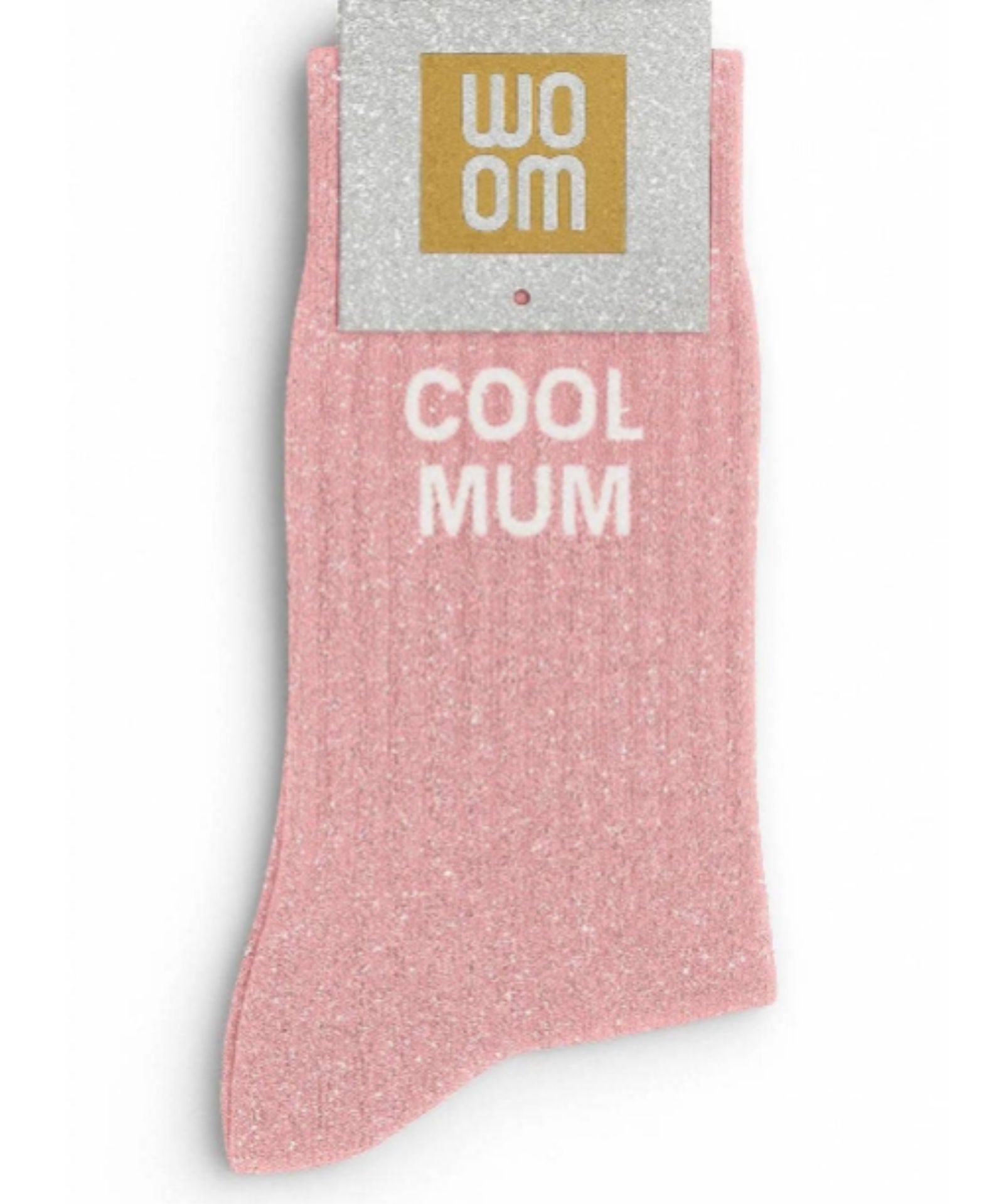 Lovely pink glitter message socks with a white jacquard COOL MUM inscription at the ankle, presented in their original Woom paper packaging.
