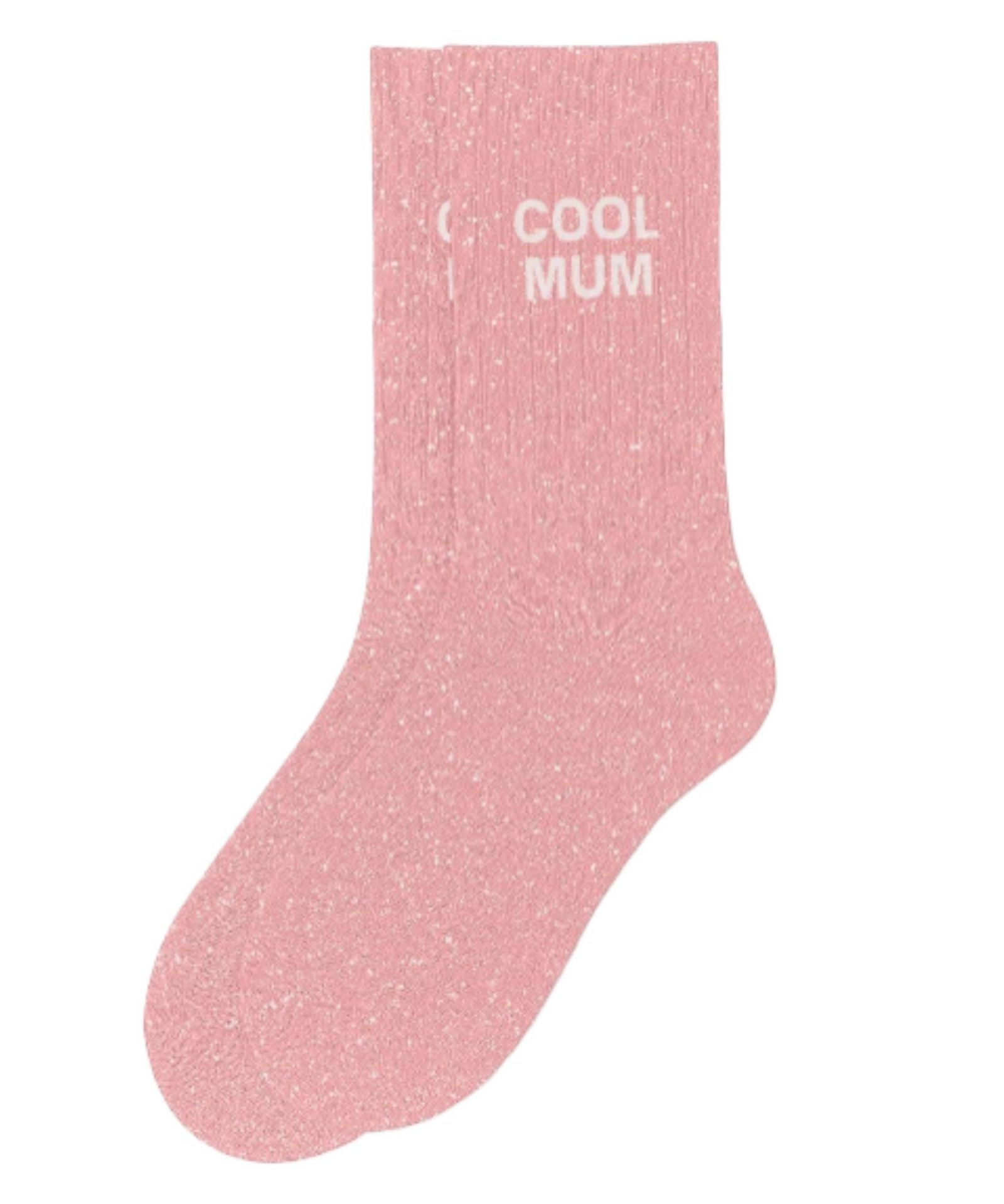 Side profile view of the pink glitter sock showing the comfortable elasticated ankle and the clean white COOL MUM wording detail.