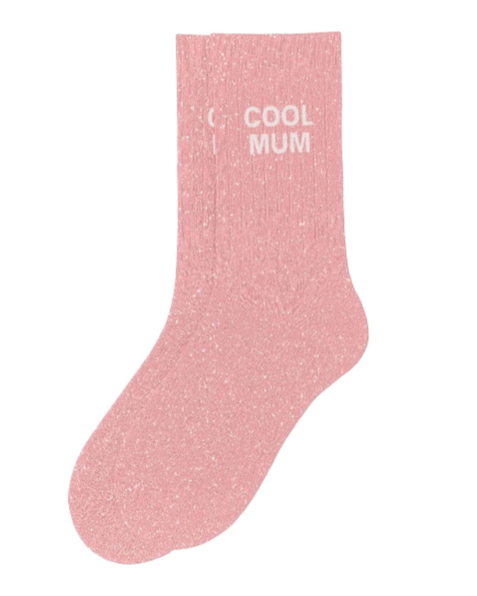 Side profile view of the pink glitter sock showing the comfortable elasticated ankle and the clean white COOL MUM wording detail.