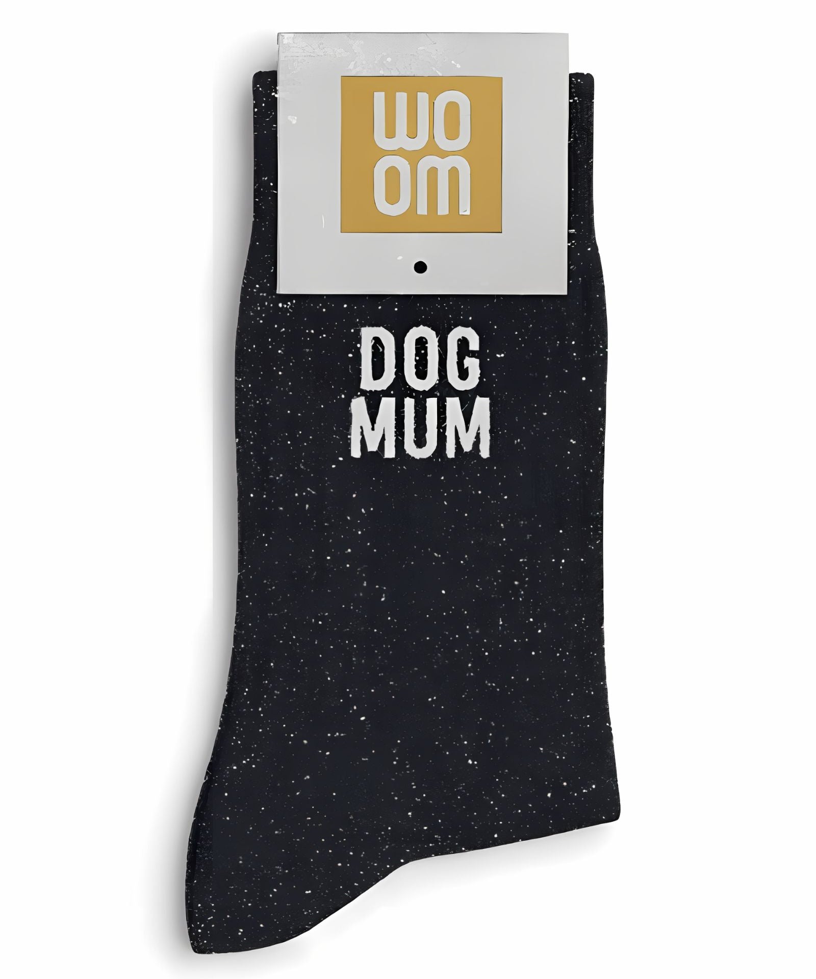 Black glitter message socks with a white jacquard DOG MUM inscription at the ankle, presented in their original Woom paper packaging.