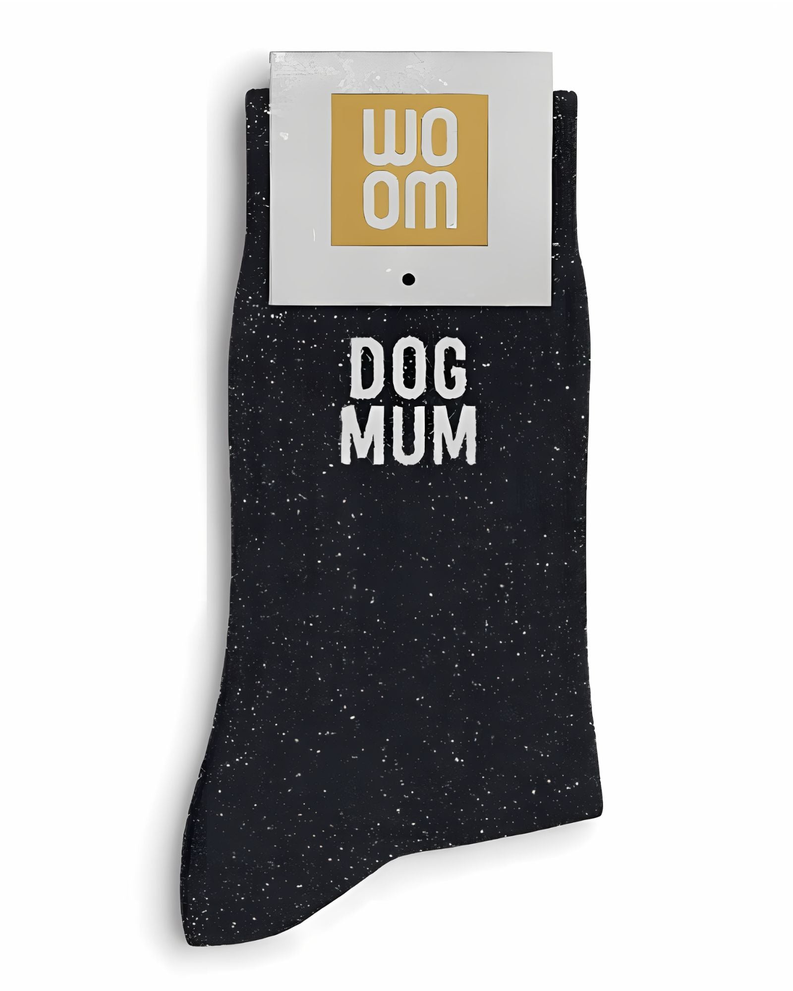 Black glitter message socks with a white jacquard DOG MUM inscription at the ankle, presented in their original Woom paper packaging.
