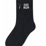 Side profile view of the black glitter sock showing the comfortable elasticated ankle and the playful DOG MUM wording detail.