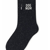 Side profile view of the black glitter sock showing the comfortable elasticated ankle and the playful DOG MUM wording detail.
