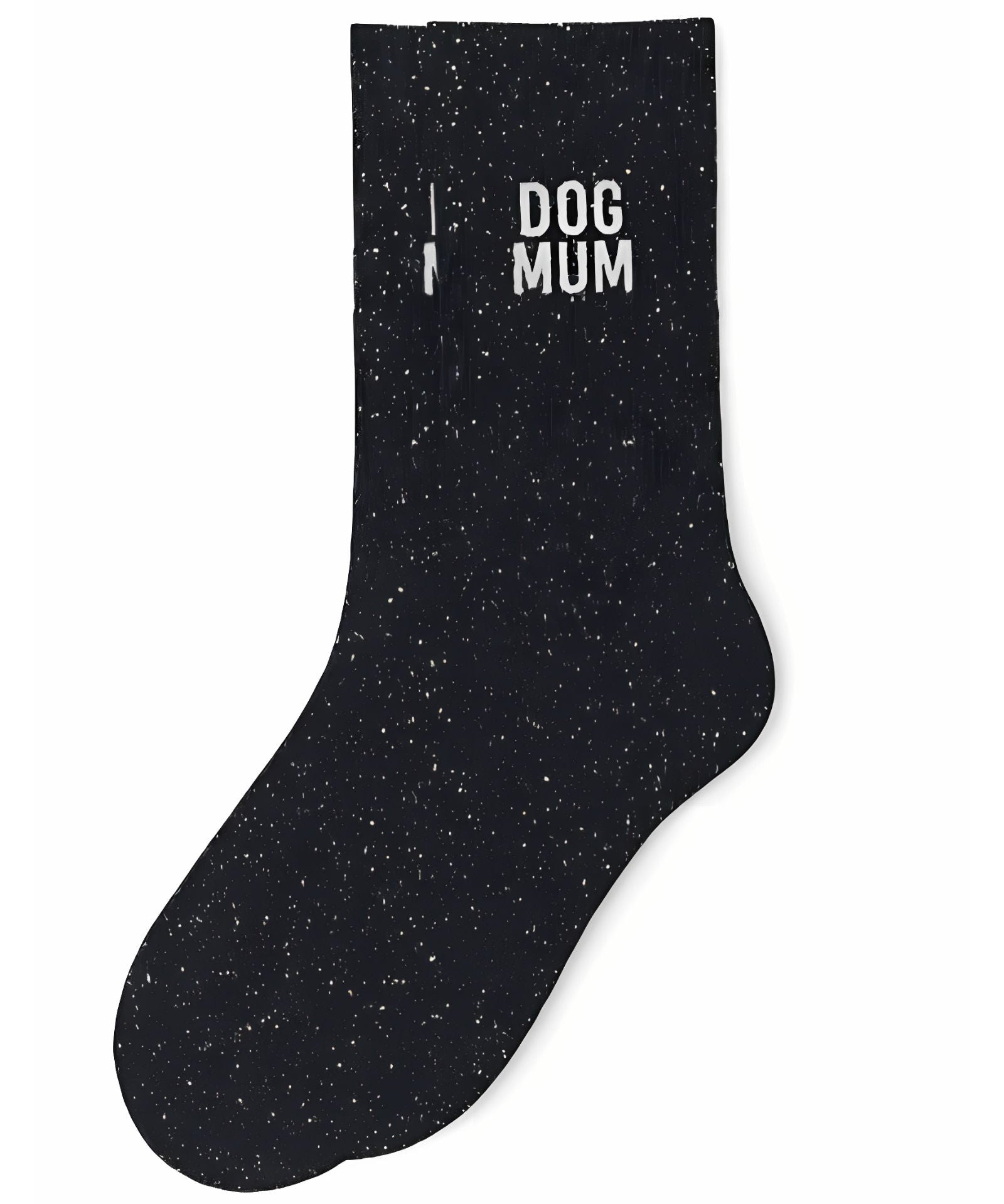 Side profile view of the black glitter sock showing the comfortable elasticated ankle and the playful DOG MUM wording detail.