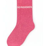 Side profile view of the pink glitter sock showing the comfortable elasticated ankle and the clean white FASHIONISTA wording detail.