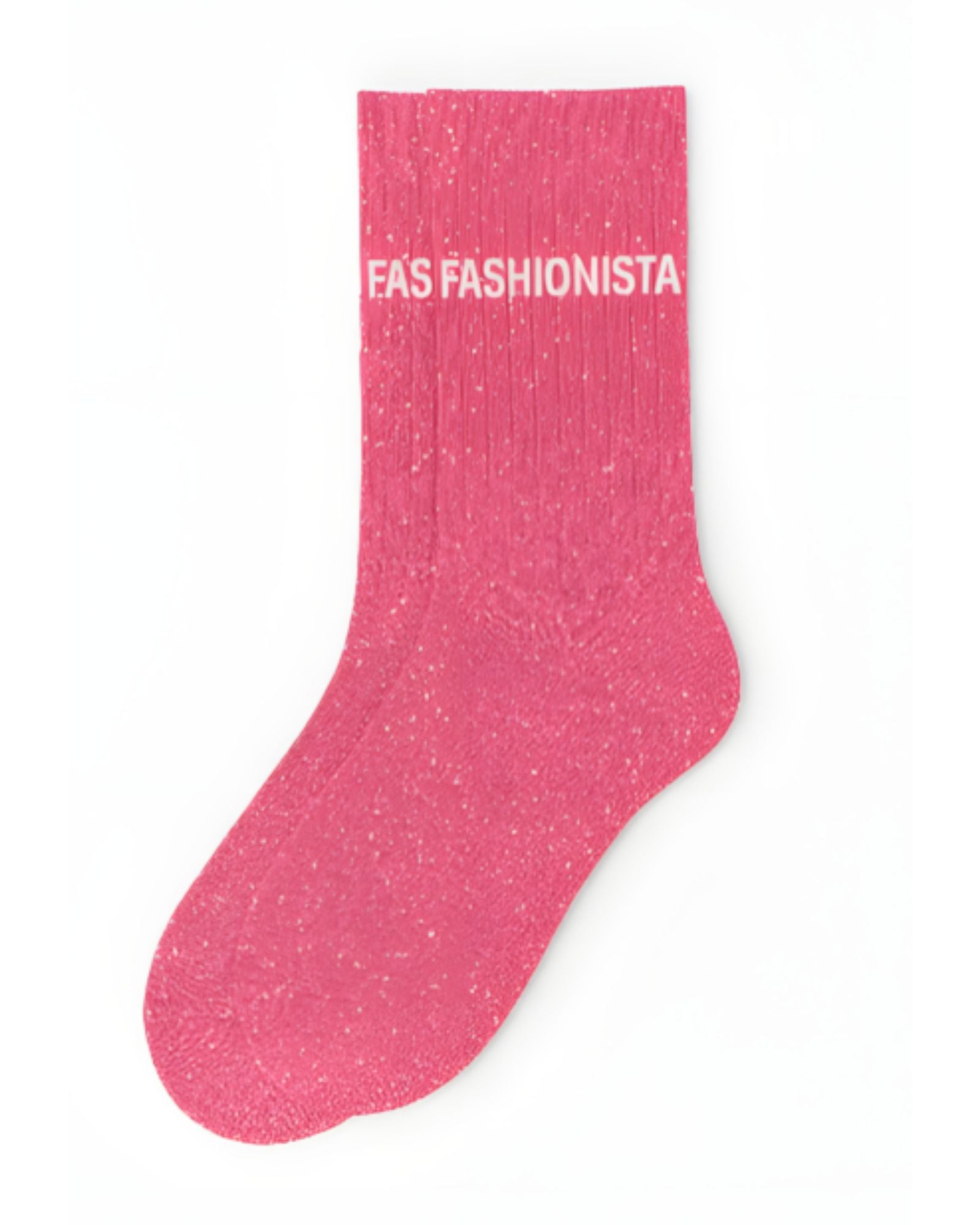 Side profile view of the pink glitter sock showing the comfortable elasticated ankle and the clean white FASHIONISTA wording detail.