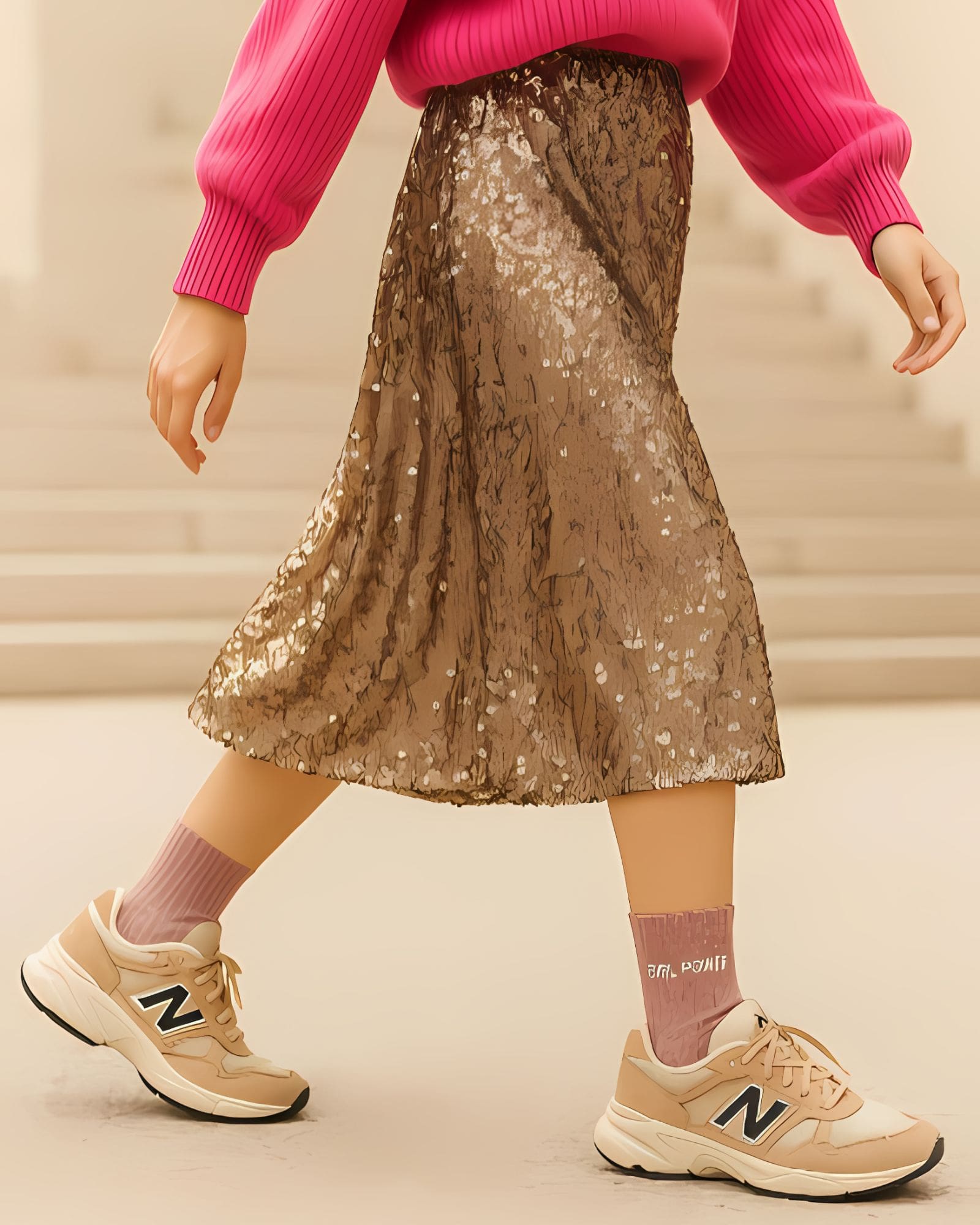 Close-up lifestyle shot of a model wearing the rose gold glitter message socks paired with a pleated gold skirt and casual sneakers.