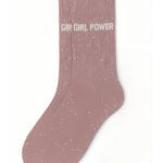 Side profile view of the rose gold glitter sock showing the comfortable elasticated ankle and the clean white GIRL POWER wording detail.