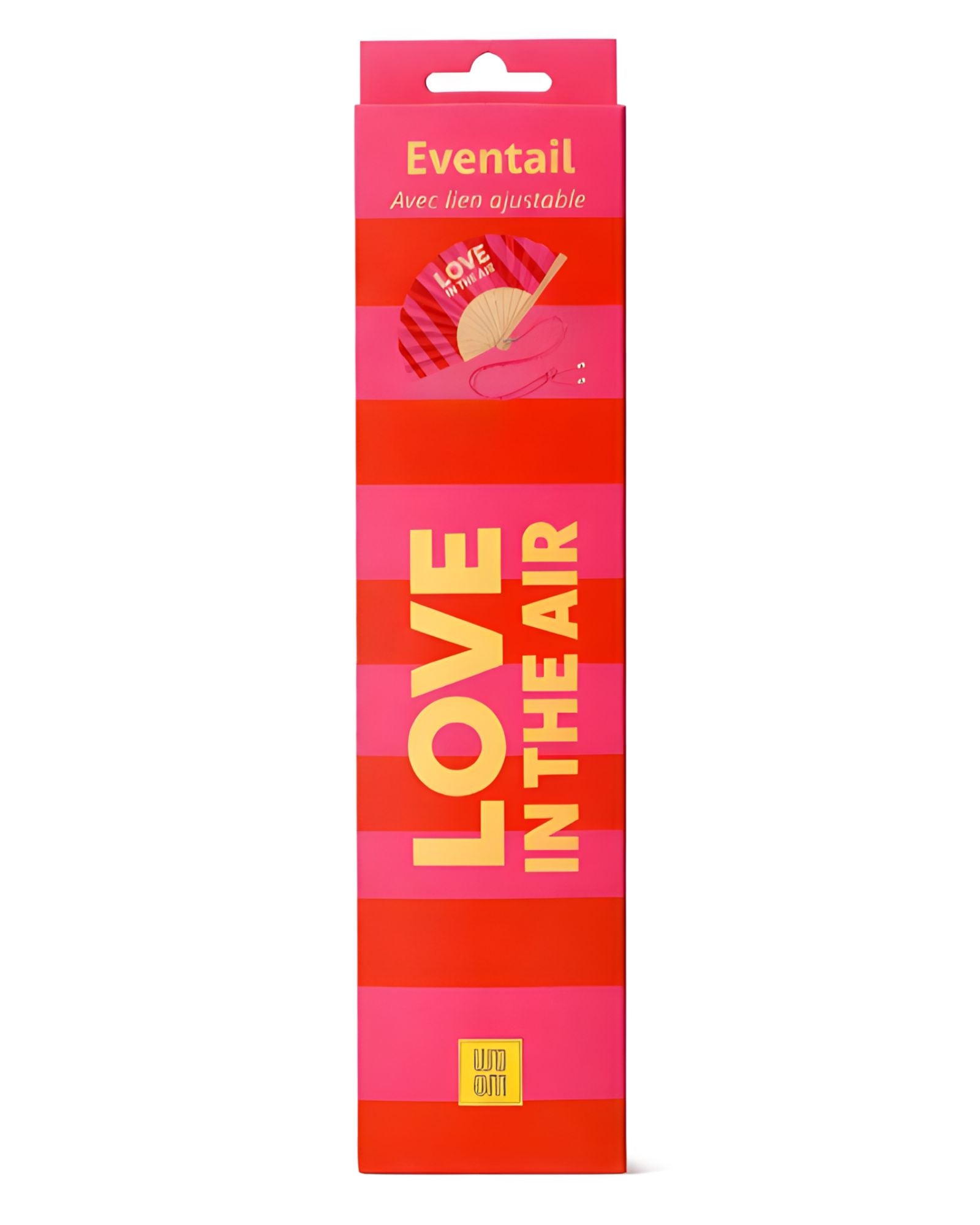 The red and pink LOVE IN THE AIR folding fan neatly packed inside its slim, matching vertical gift box, ready for presentation