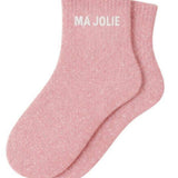ide profile view of the pink glitter short ankle sock showing the comfortable elasticated cuff and the clean white MA JOLIE wording detail.