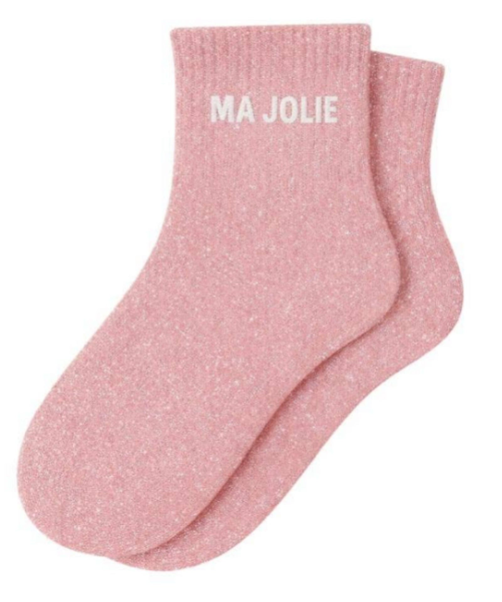 ide profile view of the pink glitter short ankle sock showing the comfortable elasticated cuff and the clean white MA JOLIE wording detail.