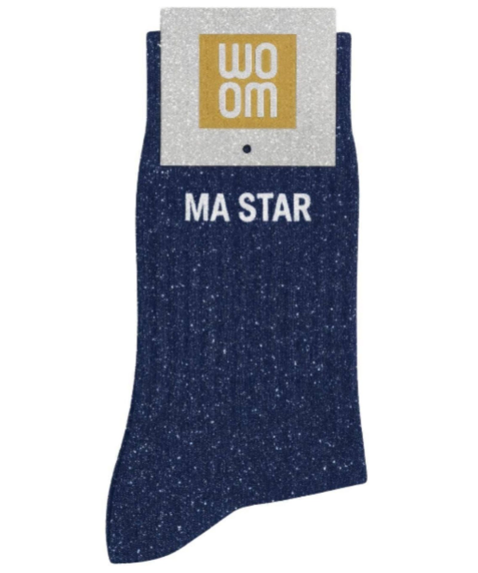 Deep navy glitter message socks with a white jacquard MA STAR inscription at the ankle, presented in their original Woom paper packaging.