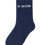 Side profile view of the navy glitter sock showing the comfortable elasticated ankle and the clean white MA STAR wording detail.