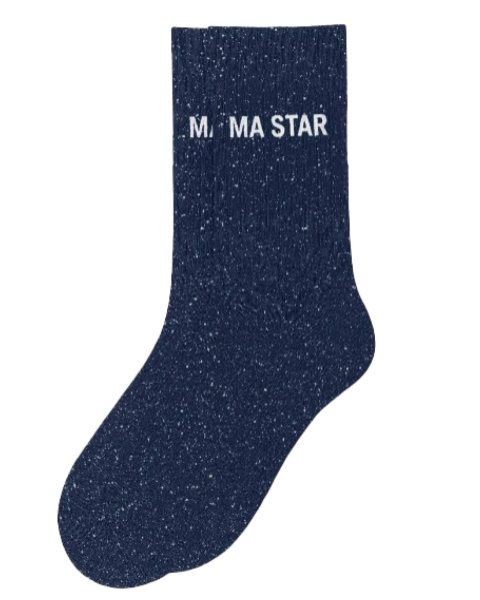 Side profile view of the navy glitter sock showing the comfortable elasticated ankle and the clean white MA STAR wording detail.