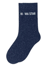 Side profile view of the navy glitter sock showing the comfortable elasticated ankle and the clean white MA STAR wording detail.