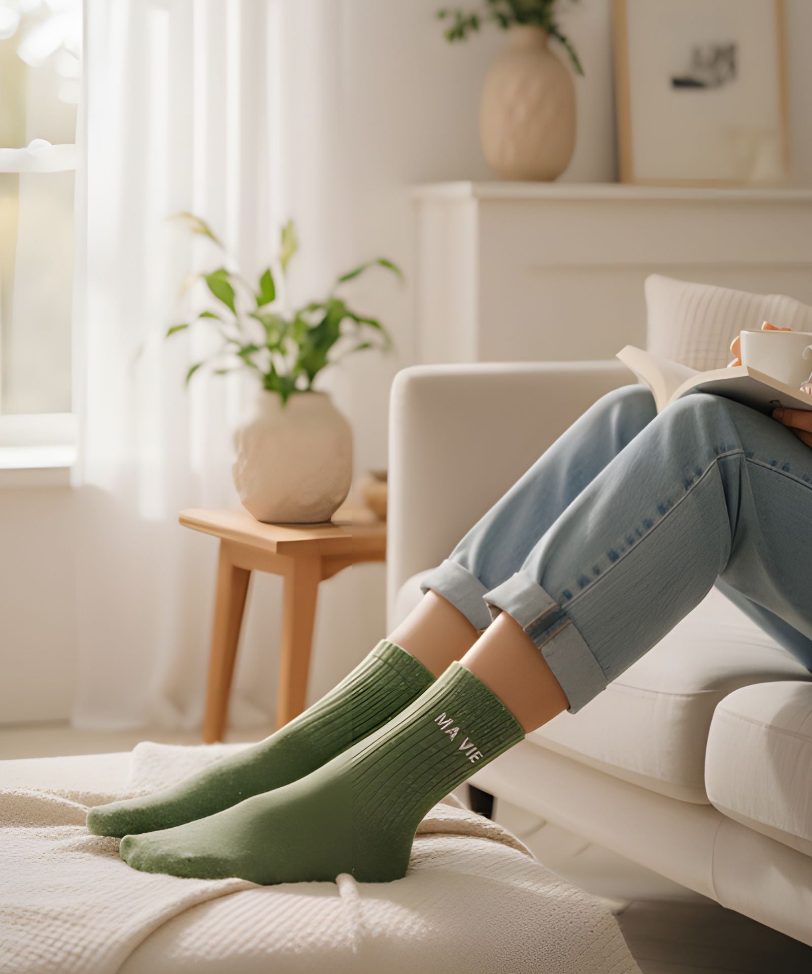 Cozy indoor lifestyle shot of a model relaxing on a couch, styling the almond green glitter message socks with casual home attire.