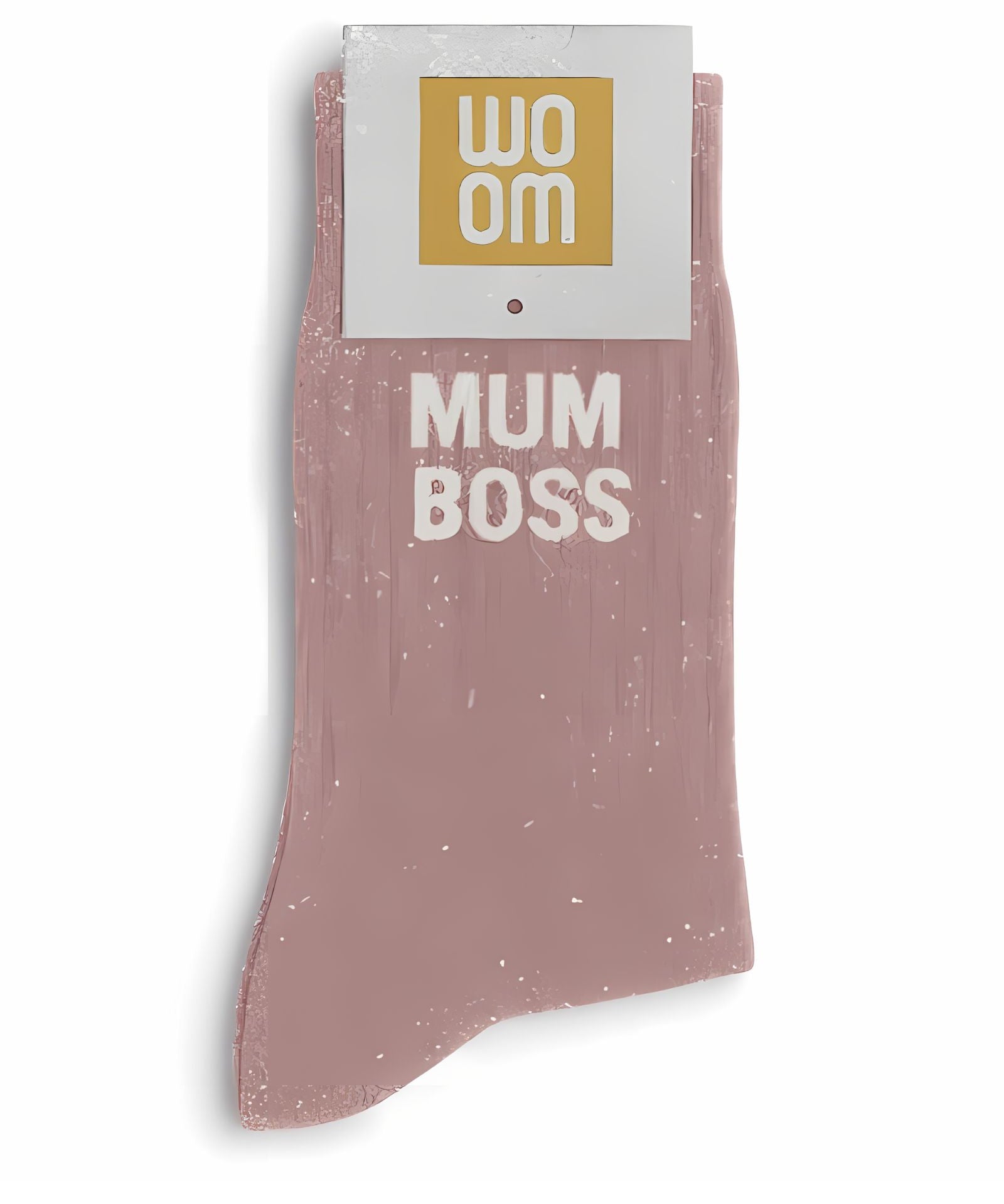 Rose gold glitter message socks with a white jacquard MUM BOSS inscription at the ankle, presented in their original Woom paper packaging.