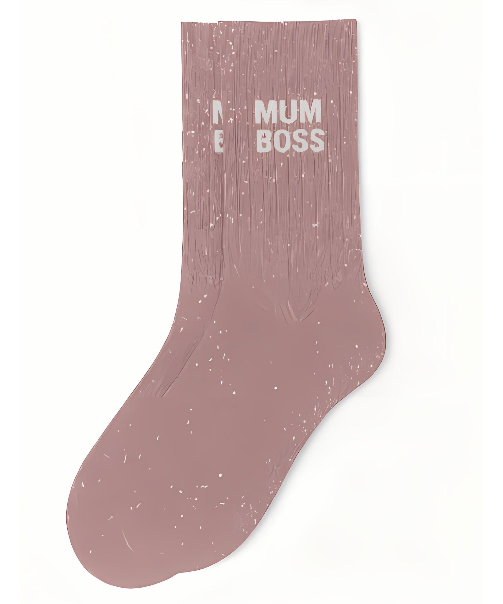 Side profile view of the rose gold glitter sock showing the comfortable elasticated ankle and the bold white MUM BOSS wording detail.