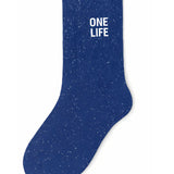 Side profile view of the blue glitter sock showing the comfortable elasticated ankle and the clean white ONE LIFE wording detail.