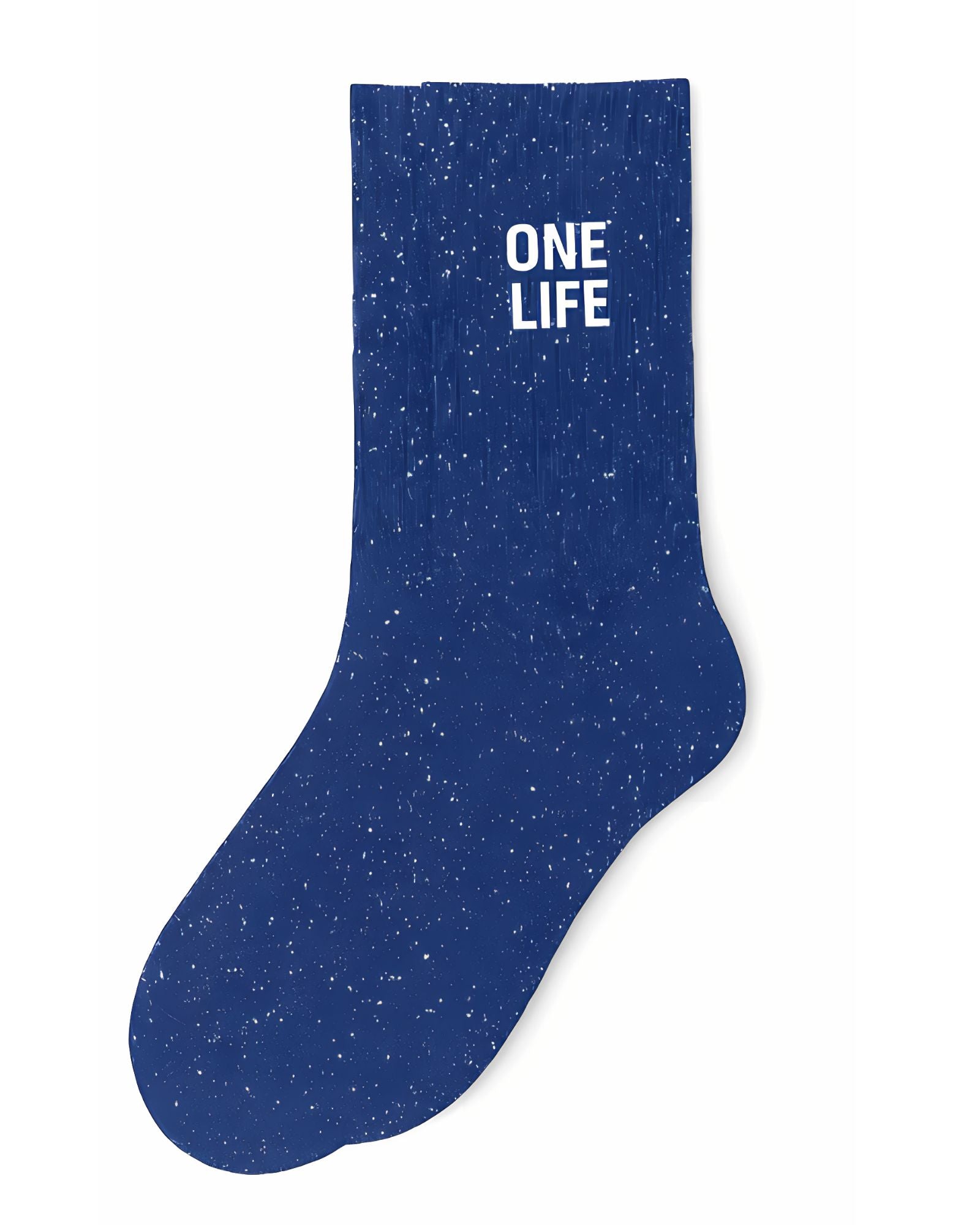 Side profile view of the blue glitter sock showing the comfortable elasticated ankle and the clean white ONE LIFE wording detail.