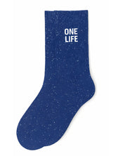 Side profile view of the blue glitter sock showing the comfortable elasticated ankle and the clean white ONE LIFE wording detail.