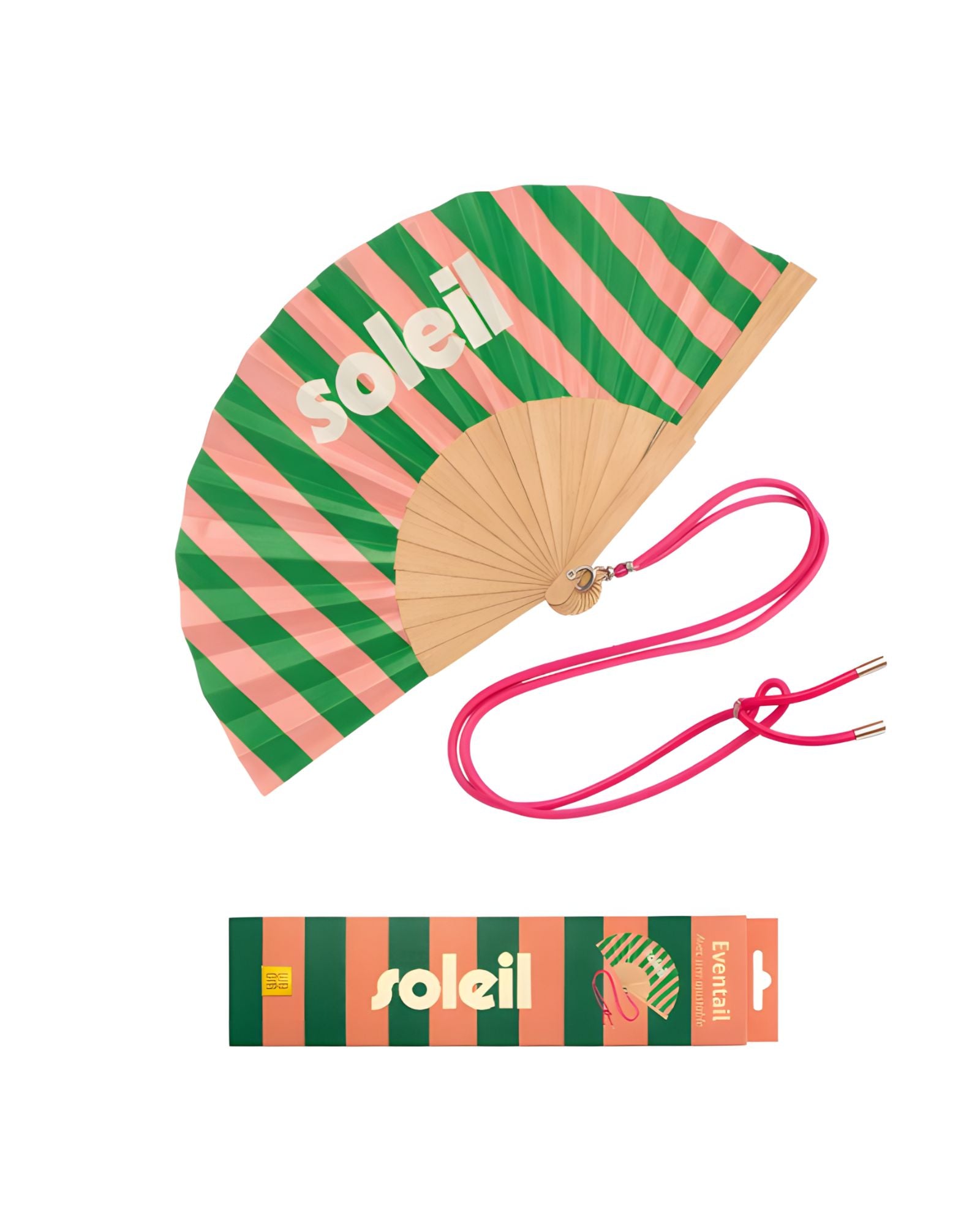 An opened summer folding fan with a dynamic green and pink striped pattern and white SOLEIL text, displayed alongside its matching pink shoulder cord and gift packaging.
