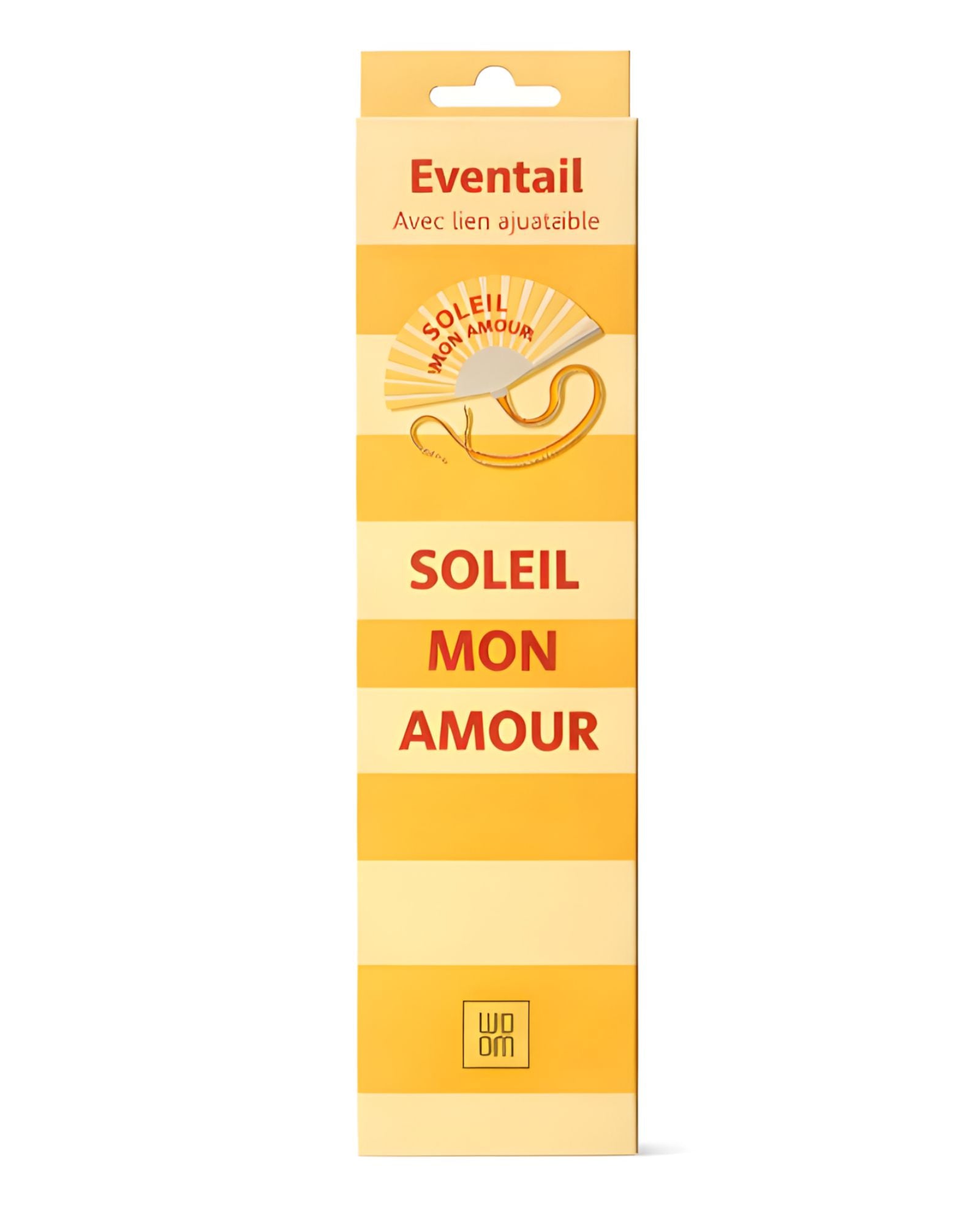 The yellow "SOLEIL MON AMOUR" folding fan neatly packed inside its slim, elegant vertical gift packaging, ready for gifting.