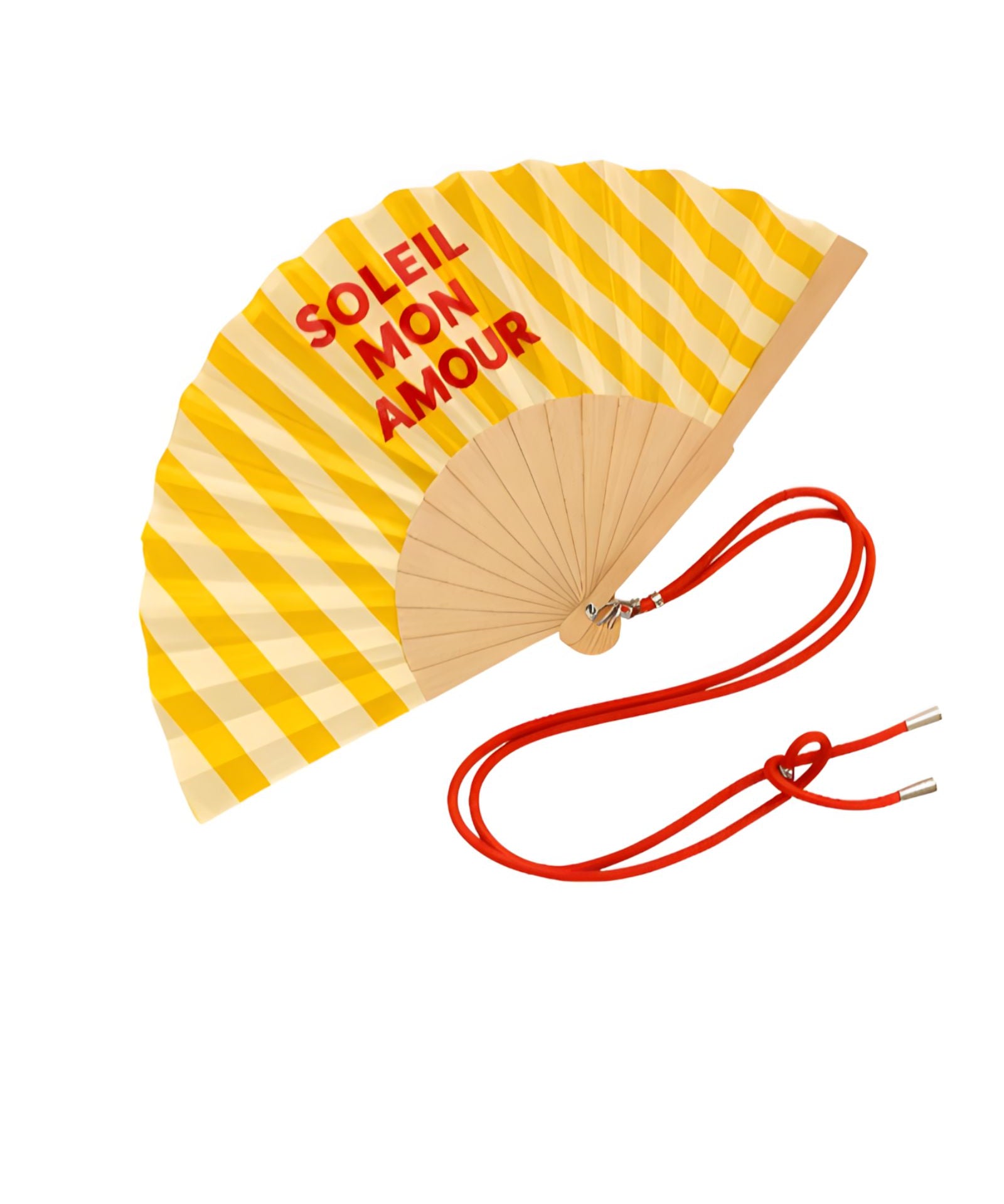 Close-up view of the opened yellow and white striped wooden fan, highlighting the crisp fabric texture, red typography, and attached contrast shoulder cord.