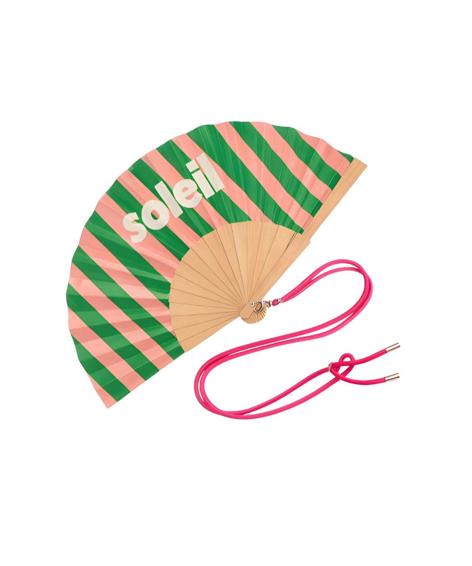 Close-up view of the opened green and pink striped wooden fan, showcasing the high-quality fabric finish, contrast typography, and attached pink strap.