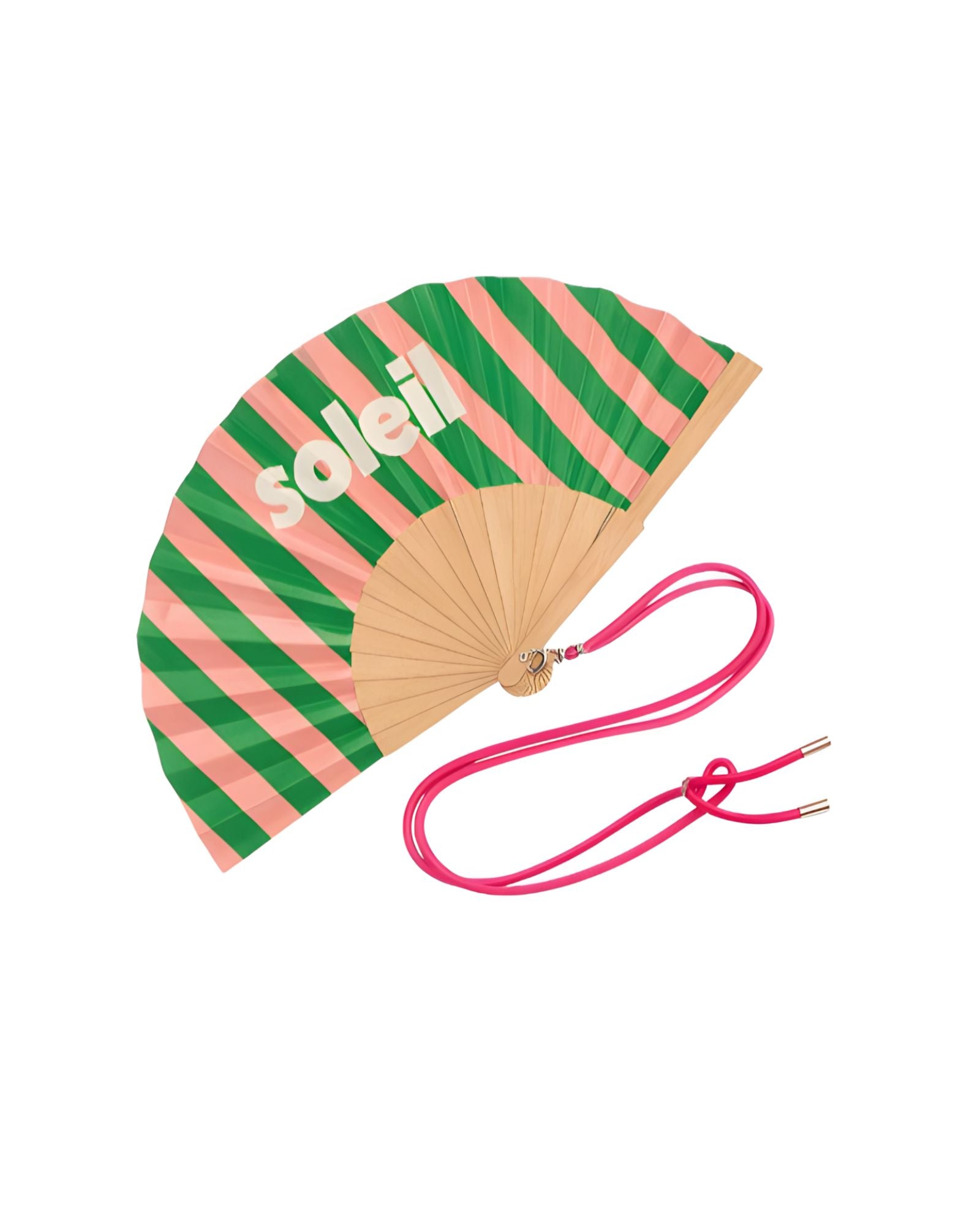 Close-up view of the opened green and pink striped wooden fan, showcasing the high-quality fabric finish, contrast typography, and attached pink strap.