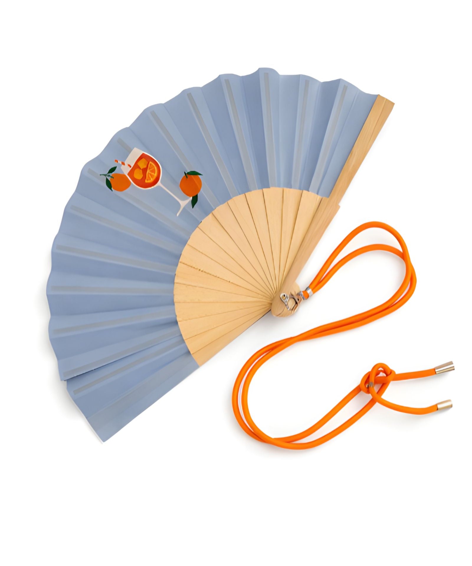 Close-up view of the opened blue wooden fan, showcasing the detailed cocktail graphics, fine fabric texture, and attached orange contrast cord.
