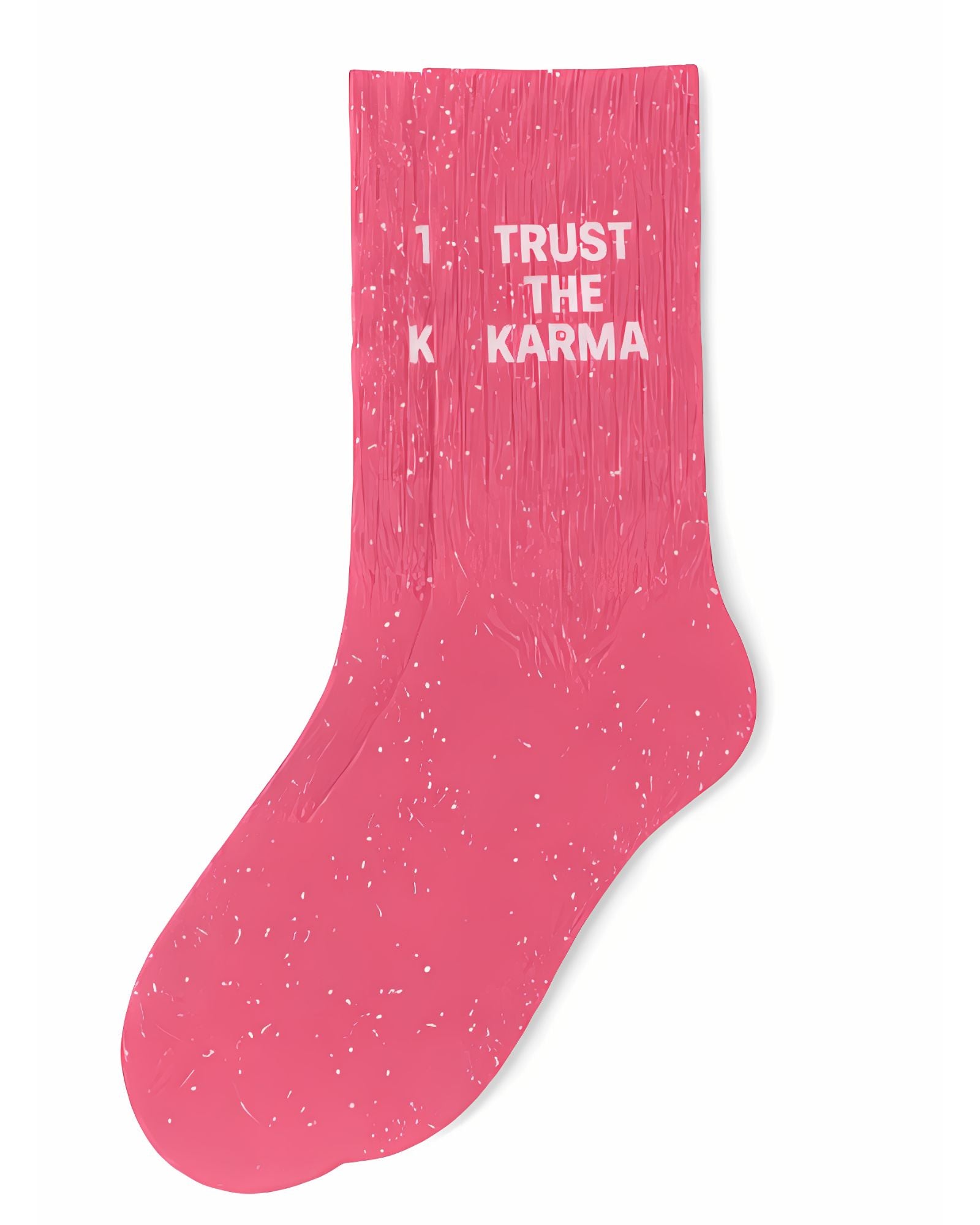 Side profile view of the pink glitter sock showing the comfortable elasticated ankle and the bold white TRUST THE KARMA wording detail.