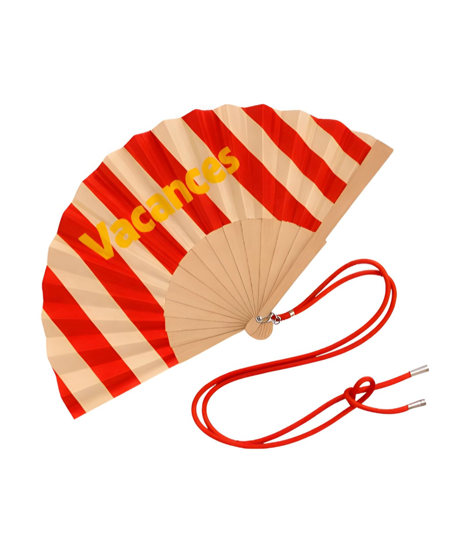 Close-up view of the opened red striped wooden fan, showcasing the fabric texture, contrast yellow lettering, and attached red contrast shoulder strap.
