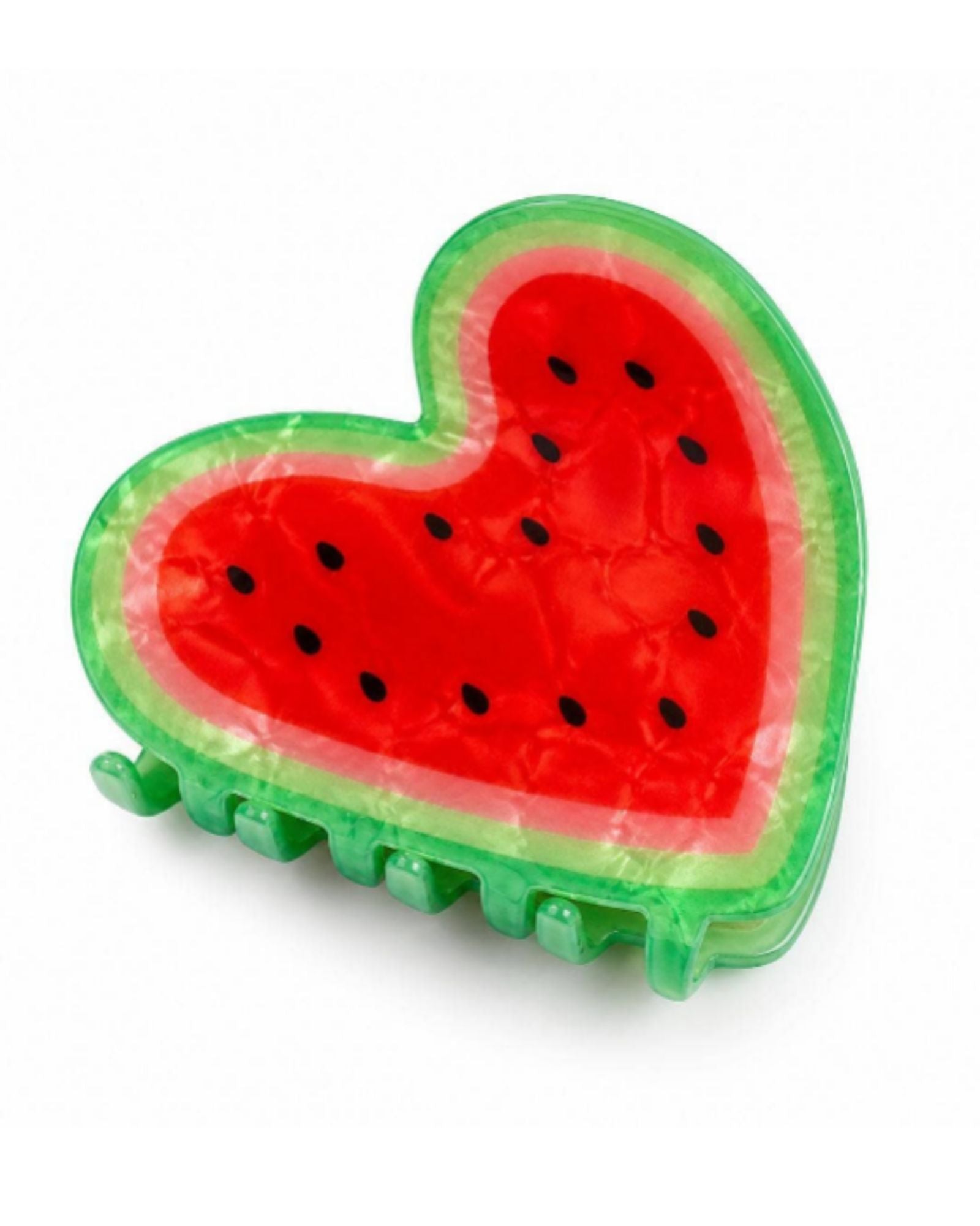 Playful heart-shaped hair claw clip designed like a watermelon slice with a glossy red center, black seeds, and a vibrant green rind against a white background