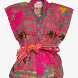 Sissel Edelbo's pink kantha vest embroidered with colourful floral motif.