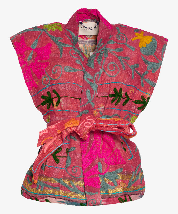 Sissel Edelbo's pink kantha vest embroidered with colourful floral motif.