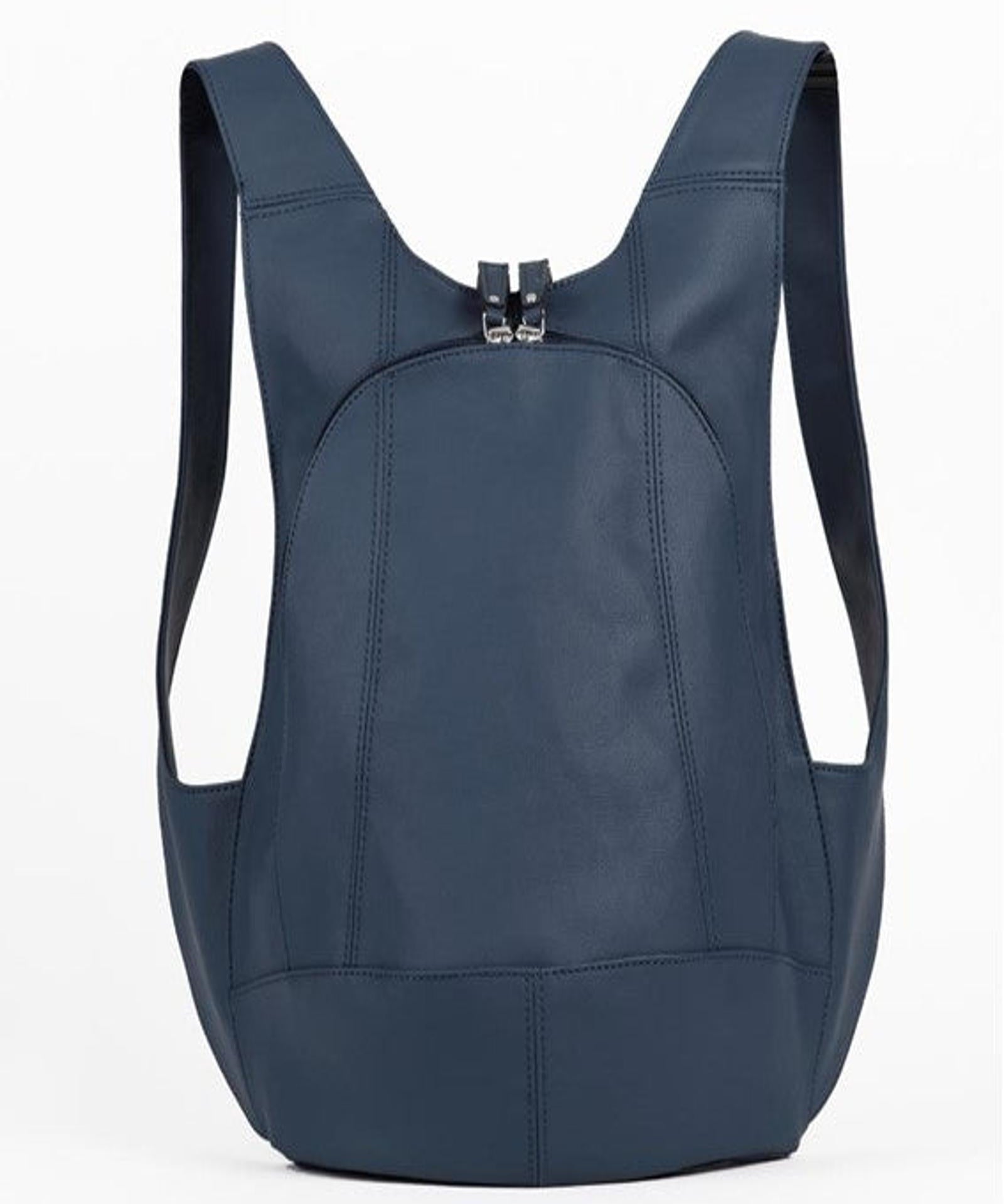 ARSAYO Mela backpack in storm blue AppleSkin with patented secure closure, front view