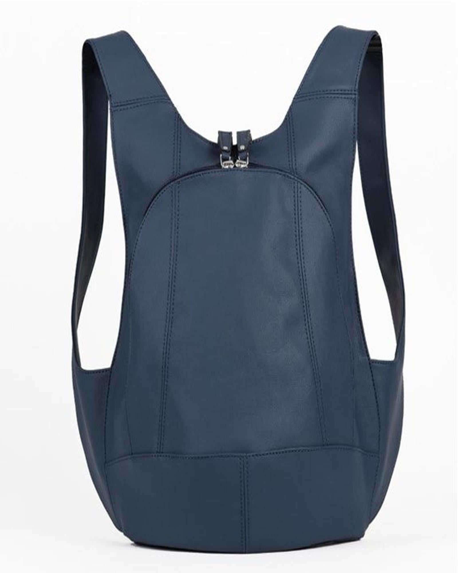ARSAYO Mela backpack in storm blue AppleSkin with patented secure closure, front view