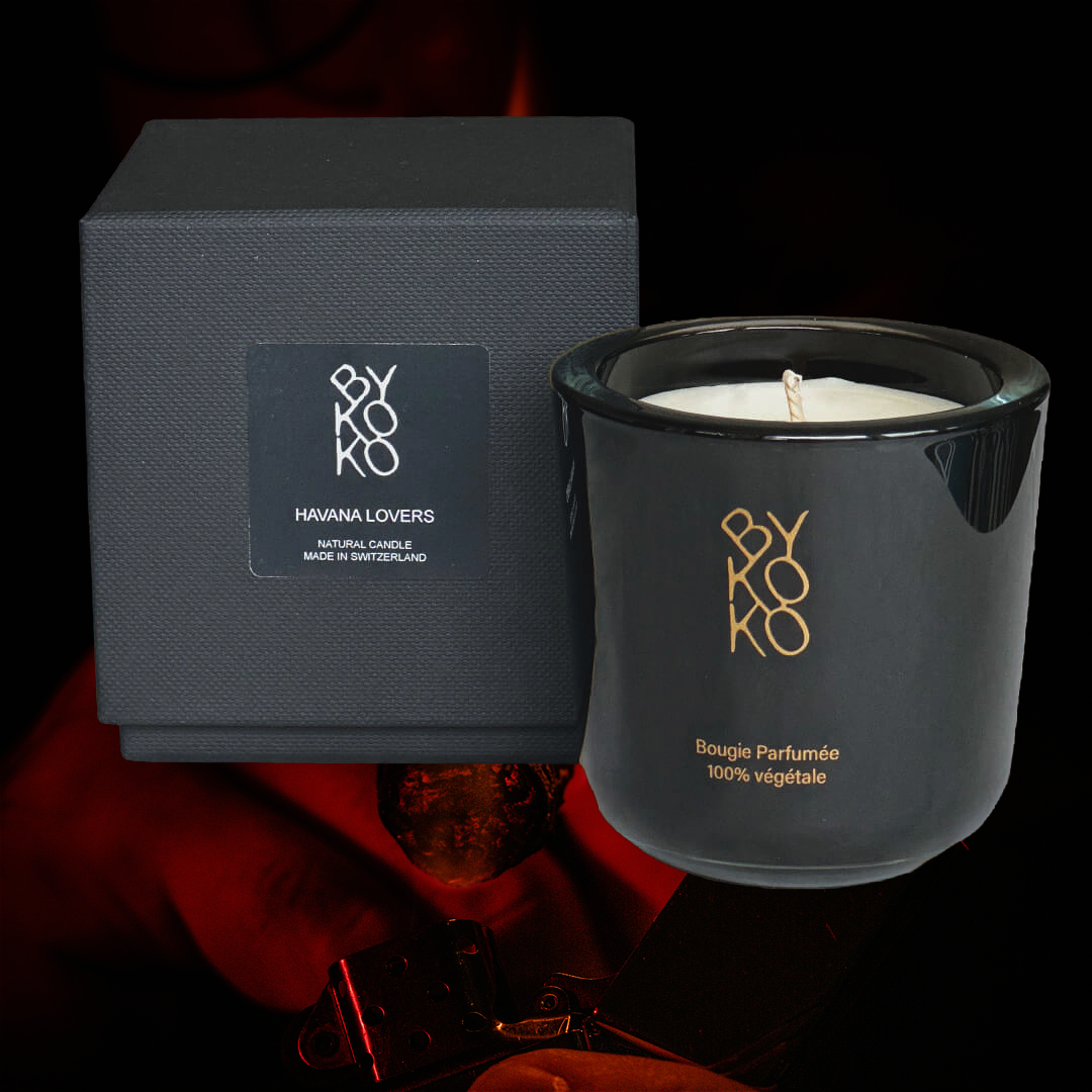 Bykoko Havana Lovers scented candle in an elegant black glass vessel, featuring notes of Bergamot, Sandalwood, and Tonka Bean. Handmade in Geneva.
