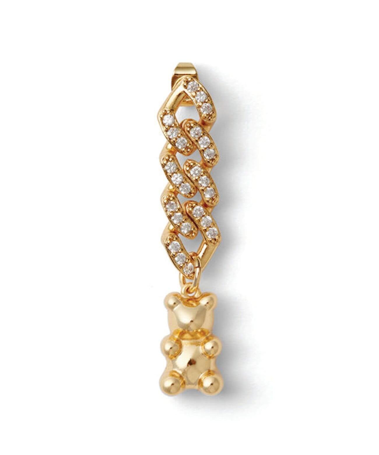 Crystal Haze Pavé Nostalgia earring in gold, featuring a pavé chain link and dangling bear charm.