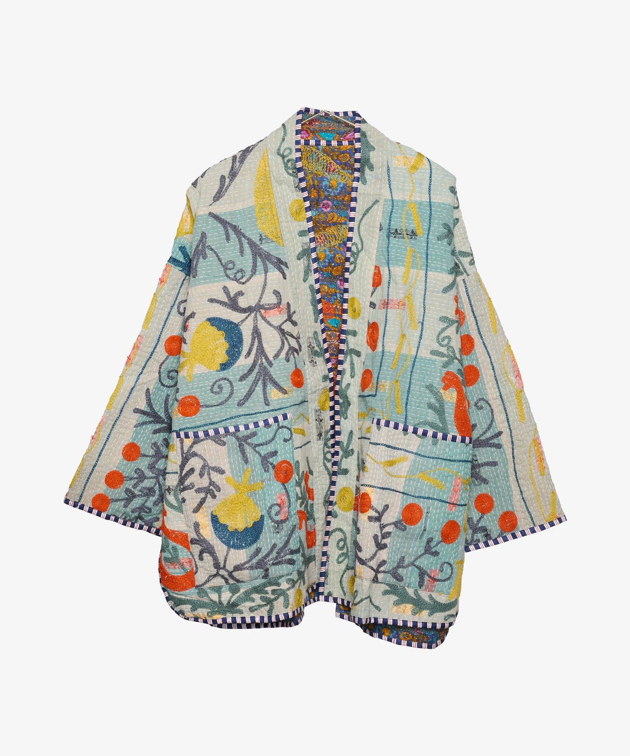 A white and blue Women's Jacket decorated with colorful suzani embroidery