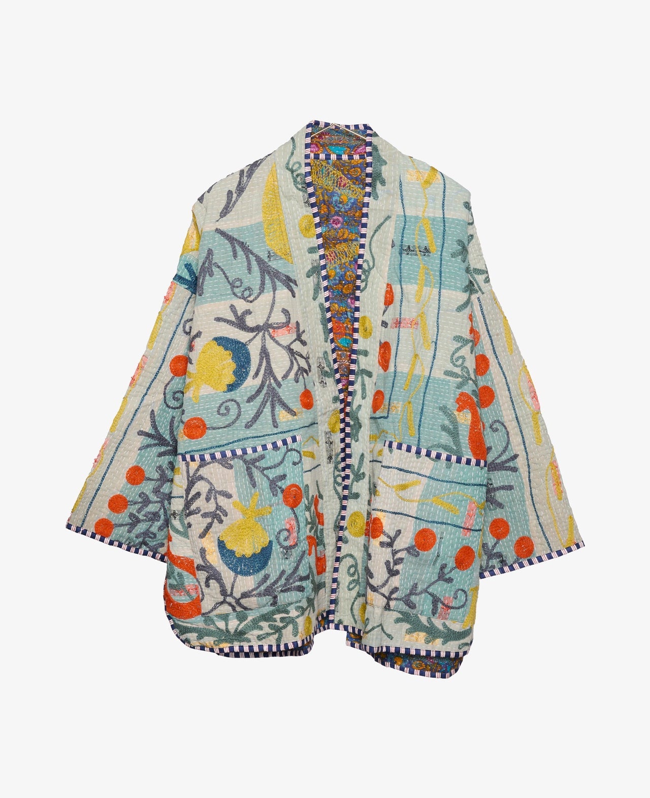A white and blue Women's Jacket decorated with colorful suzani embroidery