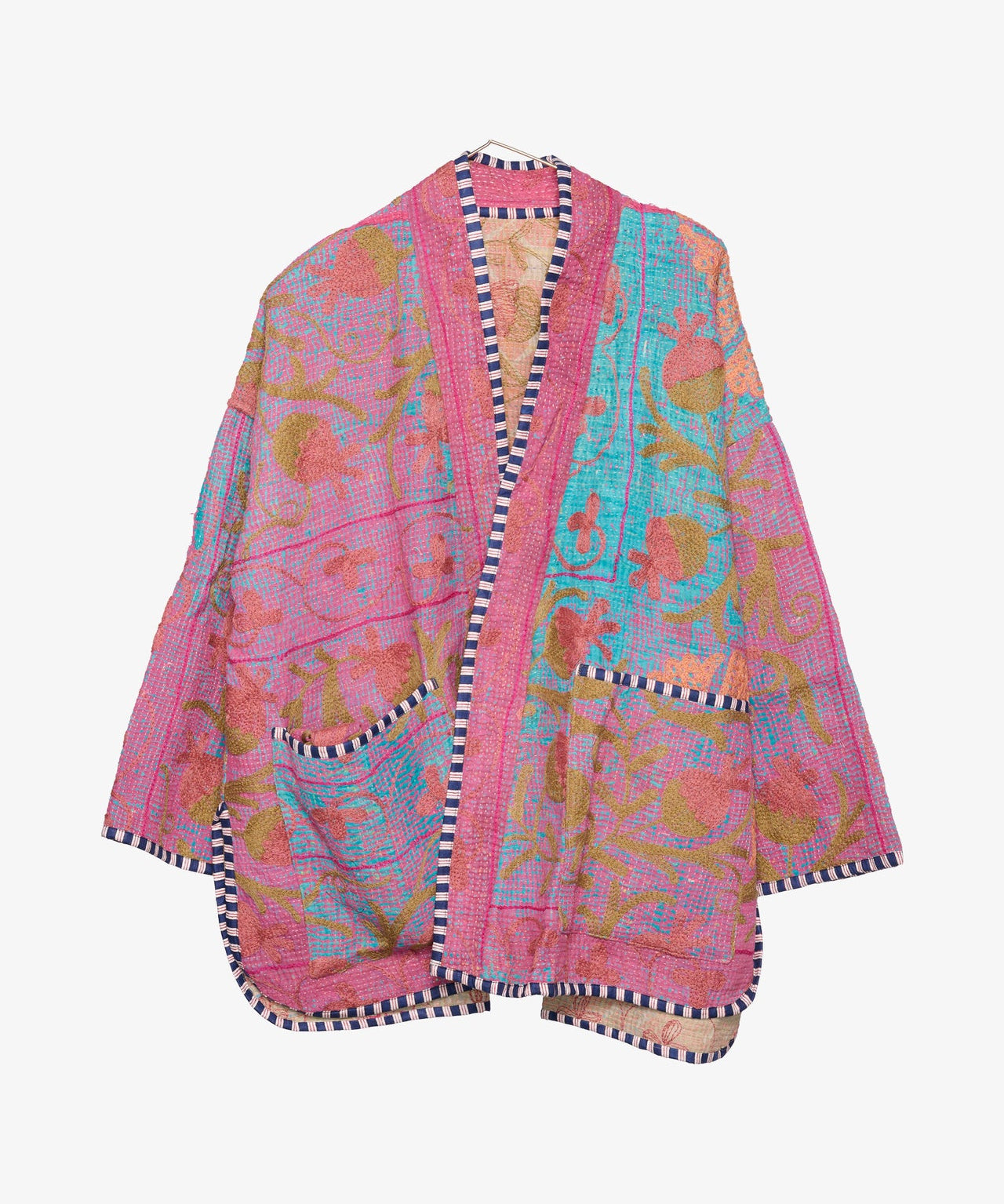 Vibrant, pink and light blue, one-of-a-kind Hedvig Kantha Suzani Jacket by Danish brand Sissel Edelbo