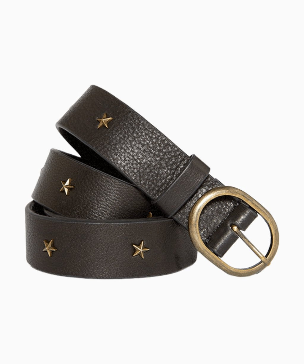 Five Jeans black leather belt with star-shaped studs and a bronze buckle.
